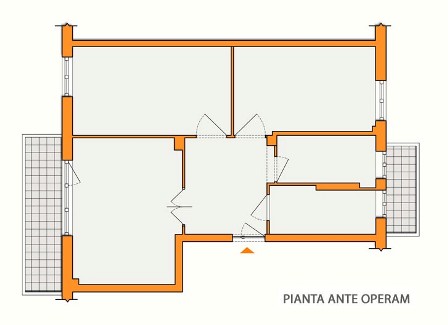 La richiesta del Committente: ampliare la zona giorno migliorandone la fruibilit e ricavare un secondo bagno per la zona notte. La soluzione progettuale: eliminare lambiente ingresso, consentendo al soggiorno di traslarsi verso la cucina, dando spazio allangolo pranzo. Un gioco di pieni e di vuoti movimenta il soffitto in cartongesso e contiene la luce opportunamente studiata per le varie parti del soggiorno e del disimpegno. Il bagno di servizio trova spazio tra le due camere da letto. I colori: varie gradazioni di colori caldi fino al cacao della camera da letto; piccoli dettagli di rosso li ritroviamo sparsi nei vari ambienti.